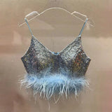 Solid Patchwork Feathers Camis For Women V Neck Sleeveless Minimalist Tank Tops Female Summer Clothing Style