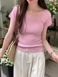 Pink V-Collar Ice Silk Knitted Short-Sleeved T-Shirt Women's New Summer Design Thin Slim Bottomed Blouse-Outfit
