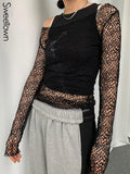 Irregular Skew Collar Fishnet Mesh Fairycore Tops Women Hollow Out Sexy Sun Protection Long Sleeve Retro Black