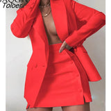 Women Streetwear Candy Colour Basic Blazer Sets Coat + Side Buttons Skirt Slim Suit Jacket Suits Office Lady Sets