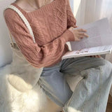 Women Fashion Slim Square Collar Long Sleeve Knitting Solid Simple Soft Cozy Tender Design Ulzzang Feminine