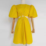 Cut Out Print Dress For Women Round Neck Short Sleeve High Waist Solid Mini Dresses Female Summer Clothes Style