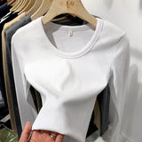 Long-Sleeved T-Shirt Slim And Slim In Autumn And Winter With Threaded Design Feeling Bottomed Blouse Women's Low-Collar Unique Blouse-Outfit