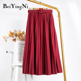 Korean Style Pleated Midi Skirt Women Casual New Fashion High Elastic Waist Skirts Black Pink Elegant Skirt Belt