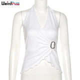 Puss Y2K Fashion Women Bandage Halter Tank Top Elegant Sleeveless Backless Button Asymmetry Solid Casual Streetwear