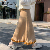 Knitted Skirt Women 2020 Autumn Winter Maxi Long Pleated Retro Spell Color Large Size Leisure Harajuku Skirt
