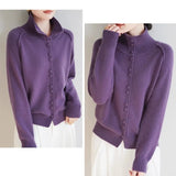 2025 New Retro Buckle Design High-Necked Ladies Knitted Cardigan Pure Color Ocean Sweater