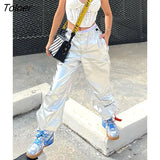 Chic Reflective Silvery Casual Pants Women Streetwear Low Rise Baggy Trouser Pockets Up Hip Hop Fashion SweatPants