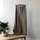 Women's High Waist Side Slit Hems Maxi Satin Skirt Elastic Waist Long