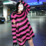 Gothic Punk Hole Stripe Tshirt Women Pastel Goth Fairy Grunge Harajuku Top Oversized Dark Aesthetic Emo alt