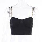 Sexy Chain Sling tops Chic Solid Color Sleeveless Low Chest Push Up Short Tank tops Slim Camis