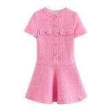 Women's New Pocket Round-Neck Texture Short-Sleeved Dress