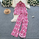 Familiar Wind Wearing A Female Fashionable Loose-Fitting Long-Sleeved Printed Shirt + High-Waisted Casual Broad-Legged Trousers