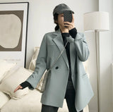 Solid Color Elegant Blue Blazer Women Jacket Women's Korean Style Loose V-neck Long Sleeve