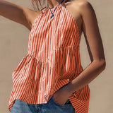 Women's Summer Y2K Aesthetic Fashion Striped Tank Sleeveless Tie-up Halter Neck Backless Striped Peplum Flare Tops-Outfit
