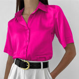 Solid Satin Shirt Female Fashion Half Sleeve Shirts Blouse Office Lady Silk Blouse Tops 2022 Spring Basic Shirt