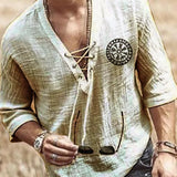 Halloween Costume Hippie Linen Shirt Casual Middle Sleeve V Neck Summer Loose Tee Tops Solid Color T Shirts 2021