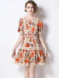 Lace Trims Vintage Print Slim Mini Dress Women O-Neck Short Puff Sleeve Chic Flower High Waist Streetwear Dress