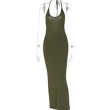 Bodycon Long Dresses for Women 2024 Sleeveless Halter Solid Color Backless Tie-Up Low-Cut Evening Party Dress Club Wear-Outfit