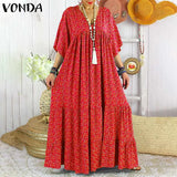 Maxi Dress Summer Women Sexy V Neck Half Sleeve Floral Print Dresses 2022 VONDA Casual Baggy Ruffled Hem Vestidos