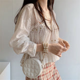 White Blouse Spring Hollow V-neck Blouse Women Fashion Flower Loose Ladies Shirt Korean Sweet Long Sleeve Blusas