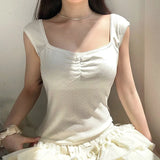 Style Small Lace Pleated Square Collar Short-Sleeved T-Shirt Ins Girls Fresh Wear Bare-Back Blouse 2024-Outfit