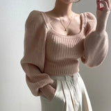2022 New Autumn Winter Puff Sleeve Women's Sweater Casual Solid Sqaure Collar Knitting Pullovers Knitwear Elegant