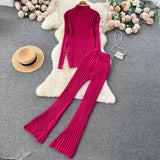 Solid Winter Slim Sweater Sets Female Stand Collar Long Pullover+Casual Wide Leg Pants Fashion Knit Two Pieces