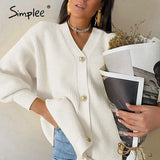 Casual long knitted cardigan female autumn winter Loose lantern sleeve sweater cardigan Basic white button women's