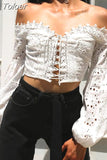 Spring New Hot Sexy Holiday Style Slash Neck Lace Bandage Embroidery Hollow Out Solid Color Lantern Sleeve Blouse