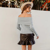 off shoulder elastic winter sweater women Short gray lapel pullover sexy white jumpers Autumn bodycon basic knitwear