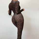 Leopard Print Mesh Skinny Jumpsuit Women One Shoulder Sleeveless Patchwork Fitness Party Activewear Basic Wild Female