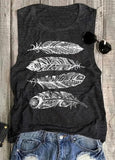 Tank Top Women Feather Print Top Casual Loose O-neck tshirt Sleeveless Tee 2022 New Gray Women Clothes Summer