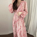 V-neck Elegant Print Chiffon Dress Women Female Puff Sleeve Korean Floral Party Dress Lady Fashion Vestidos Spring