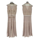 Knitted Dress Hollow Stripe V-Neck Sleeveless Temperament Elegant Summer