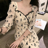 Dress Women Casual Vintage V-Neck Three Quarter French Slim Party Midi Dress Elegant One-piece Dress Korean 2021