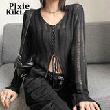 Y2k Grunge Black Sweater for Women Sexy Hollow Out See Through Drawstring V Neck Long Sleeve Top Fall 2023