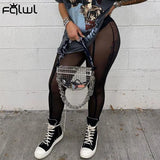 Streetwear Women Soild Skinny Pants Women High Waist Mesh Pants Female Blue Black See Through Fashion Legging Women