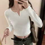 White Long-Sleeved T-Shirt For Women With Autumn And Winter Spicy Girls Short Style Slim V-Collar Bottomed Blouse-Outfit