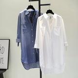 And Long Cotton Denim Shirt Skirt 2023 Spring And Autumn New Double Pocket Rolled Sleeve Thin Shirt Woman-Outfit