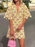 BOHO Geometric Rhombus Plaid Hand Crochet Half Flare Sleeve Dress Vintage Women Lapel Irregular Hem Mini Robe Holiday-Outfit