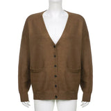Vintage Solid Brown Oversized Knitted Cardigan Women Casual Loungewear Button Up Lantern Long Sleeve Winter