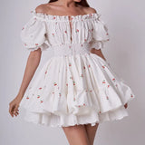 Princess Yellow Cherry Print Spliced Lace Corset Style Mini Dress Women Puff Sleeve Slim Waist Ruffle Hem Cake Party Robe-Outfit