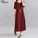 Sundress Women Vintage Linen Summer Dress 2022 Casual V Neck Short Sleeve Pockets Casual Loose Midi