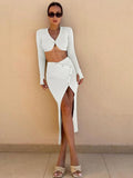 Knitted 2 Piece Set Women Button V Neck Long Sleeve Waist Tops Button Skirts Women Sexy Slim Split Elegant Skirts