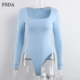 Long Sleeve Knitted Skinny Bodysuit Women Winter Autumn Winter Solid Square Collar White Black Casual Body Top