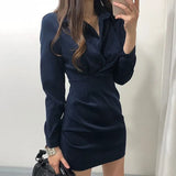Korean Chic Turn Down Collar Single Breast Tie vintage Dress High Waist Hip Pleat Bodycon Vestidos Solid Temperament