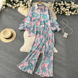 Holiday Fashion Print Two Pieces Sutis Autumn Batwing Sleeve Loose Top+Casual Straight Long Pant 2022 Retro Women