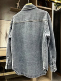 Women's Denim Shirt Patchwork Single Pocket Panelled Loose Long Sleeve Diamonds Blouse 2024 Summer New Fashion 29L2946-Outfit