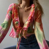 Floral Print Blouse Y2K Long Sleeve See-Through Women Lace Crop Top V Neck Ruffles Spring Casual Bandage Boho Beach